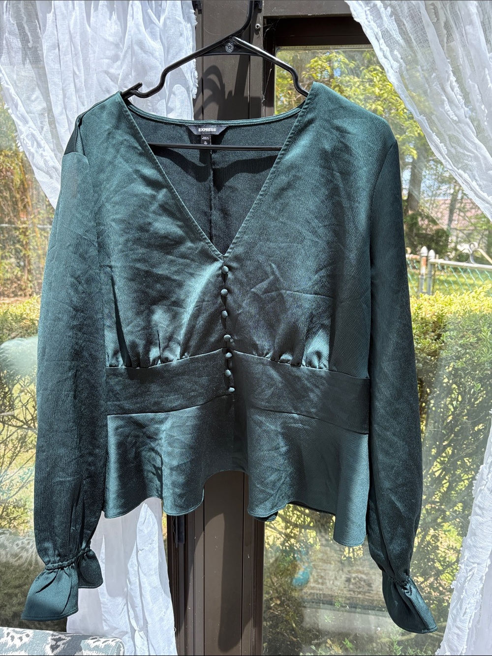 Express Teal Satin V-Neck Button Peplum Blouse